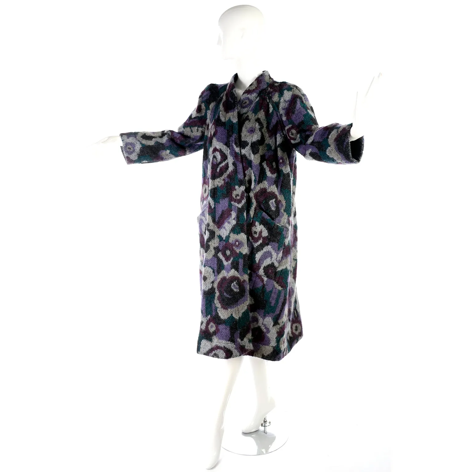 1980s Missoni Vintage Black Puffer Coat Reversible Floral Knit Mohair Blend