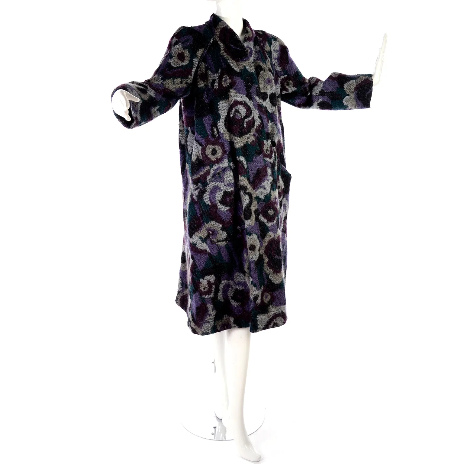 1980s Missoni Vintage Black Puffer Coat Reversible Floral Knit Mohair Blend