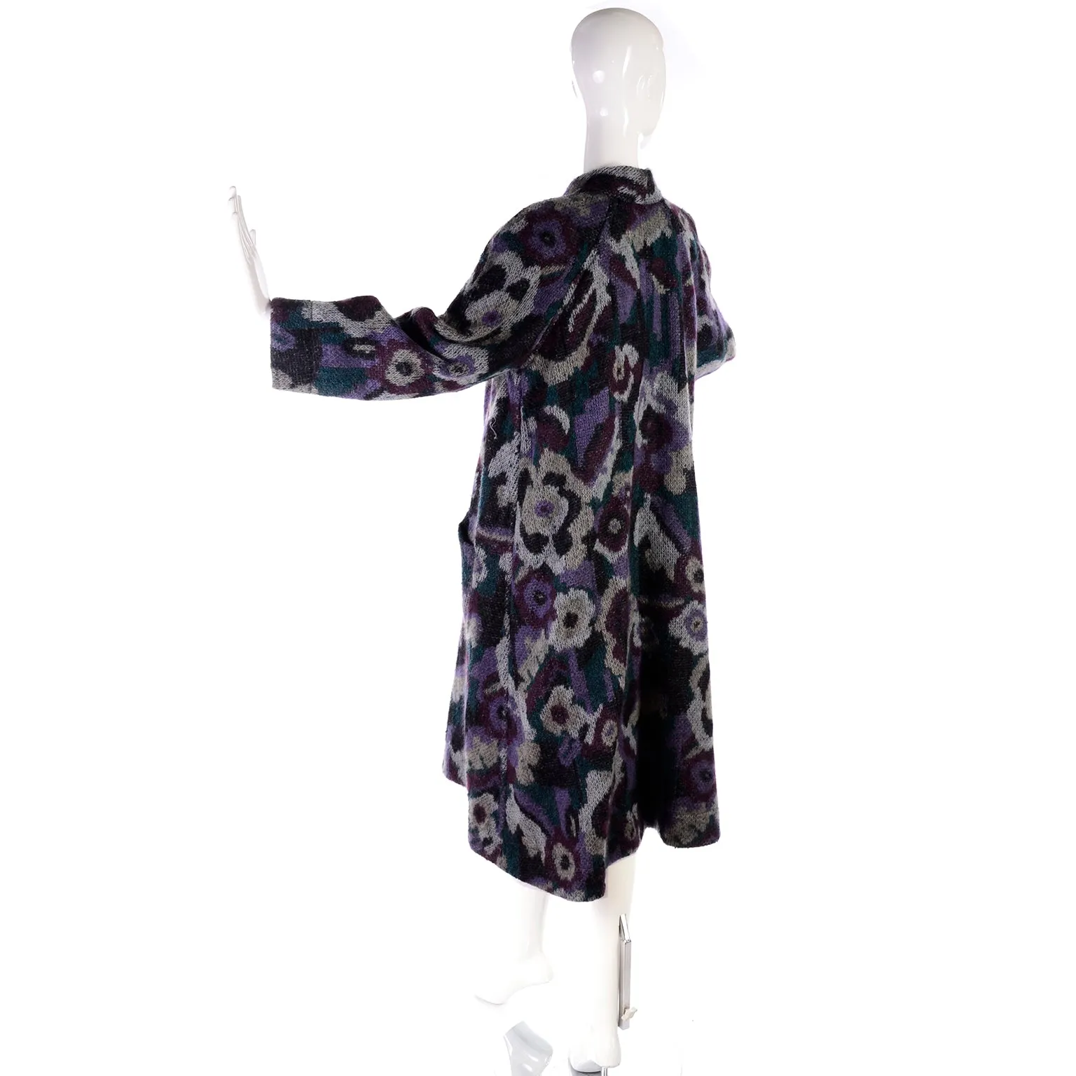 1980s Missoni Vintage Black Puffer Coat Reversible Floral Knit Mohair Blend