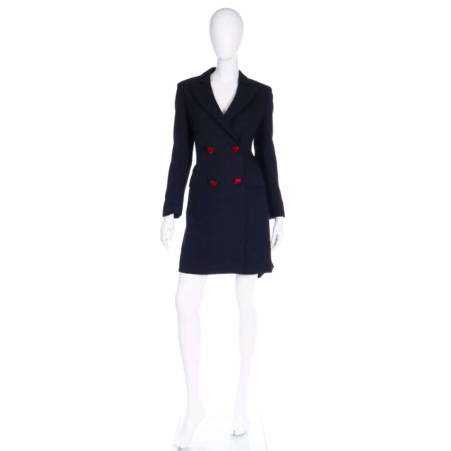 1990s Moschino Black Wool Coat w Red Velvet Heart Buttons & Bow