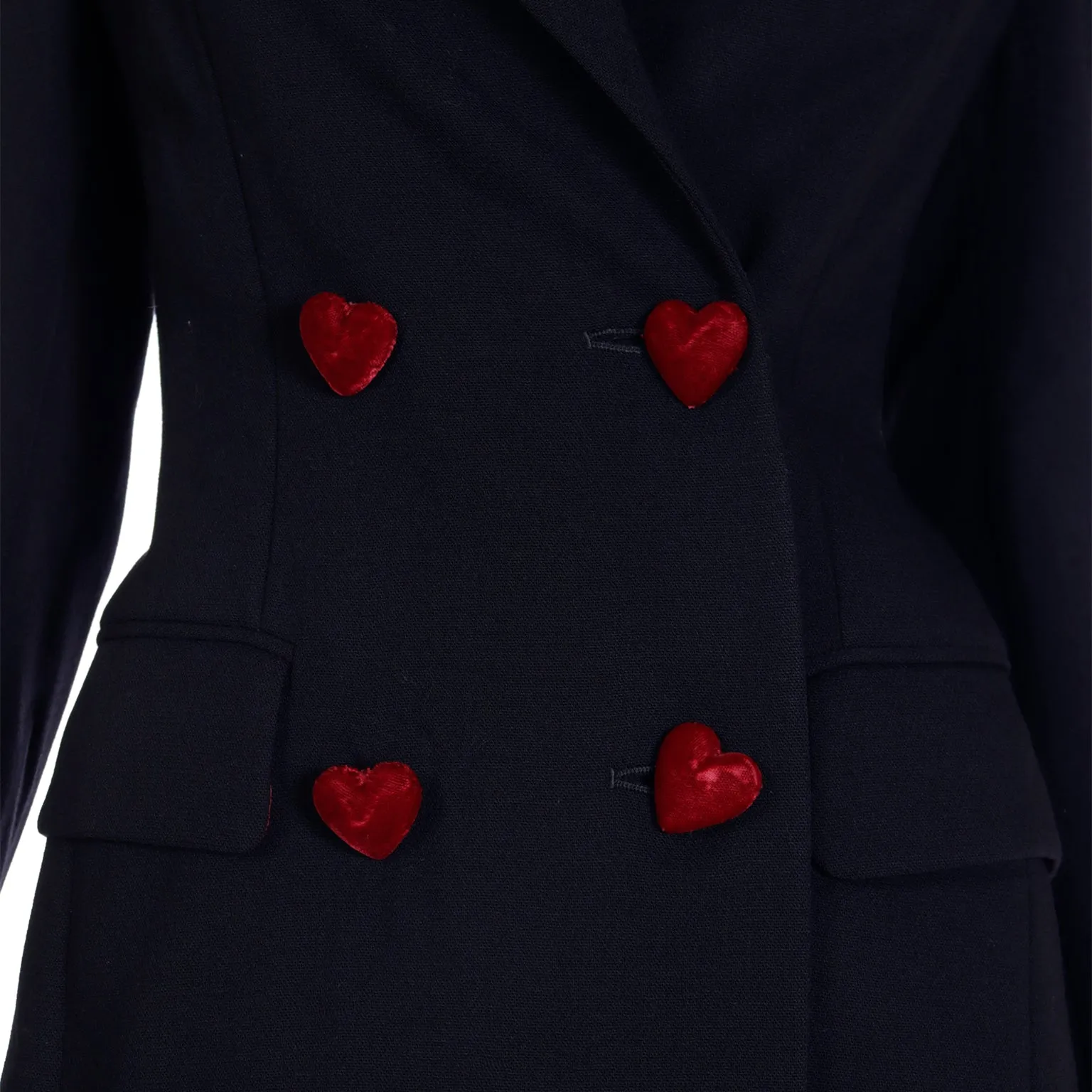 1990s Moschino Black Wool Coat w Red Velvet Heart Buttons & Bow