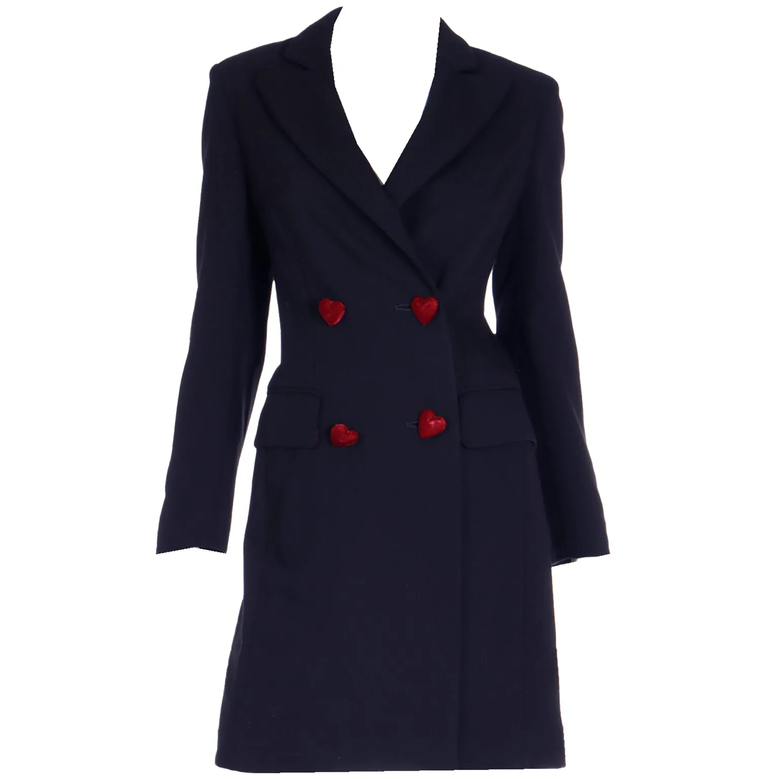 1990s Moschino Black Wool Coat w Red Velvet Heart Buttons & Bow