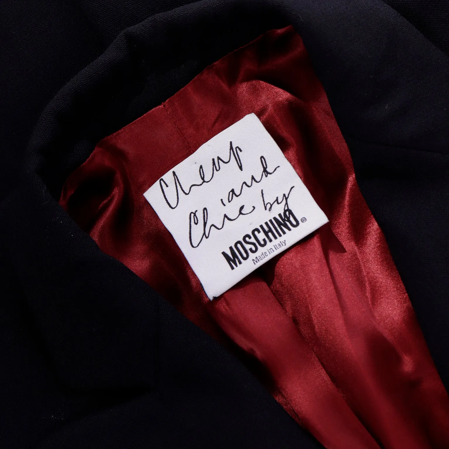 1990s Moschino Black Wool Coat w Red Velvet Heart Buttons & Bow