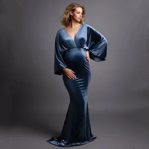 2023 Winter Velvet Boho Maternity Long Dress For Photo Shoot Bohemian Maternity Velvet V-neck Dress