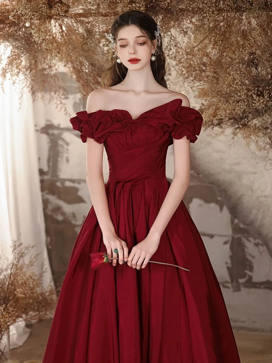 A-Line Off Shoulder Satin Burgundy Long Prom Dress, Burgundy Long Formal Dress