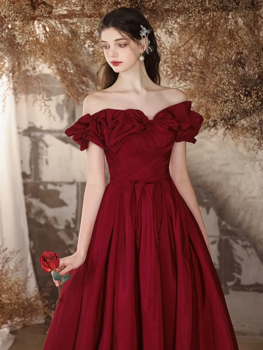 A-Line Off Shoulder Satin Burgundy Long Prom Dress, Burgundy Long Formal Dress