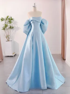 A-Line Sweetheart Neck Satin Blue Long Prom Dress, Blue Long Formal Dress