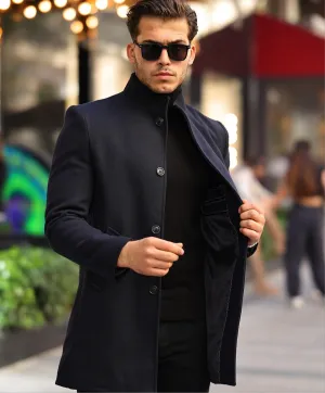 [Adam] Navy Blue Single-Breasted Pea Coat – 100% Wool