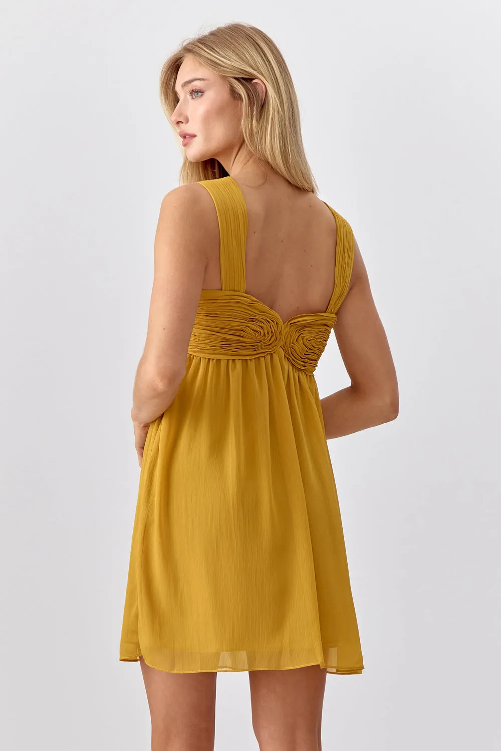 Adelyn Rae Ladella Rose Applique Chiffon Mini Dress in Golden Yellow