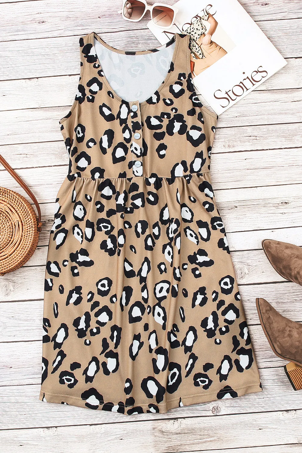 *APP EXCLUSIVE* Leopard Buttoned Sleeveless Dress