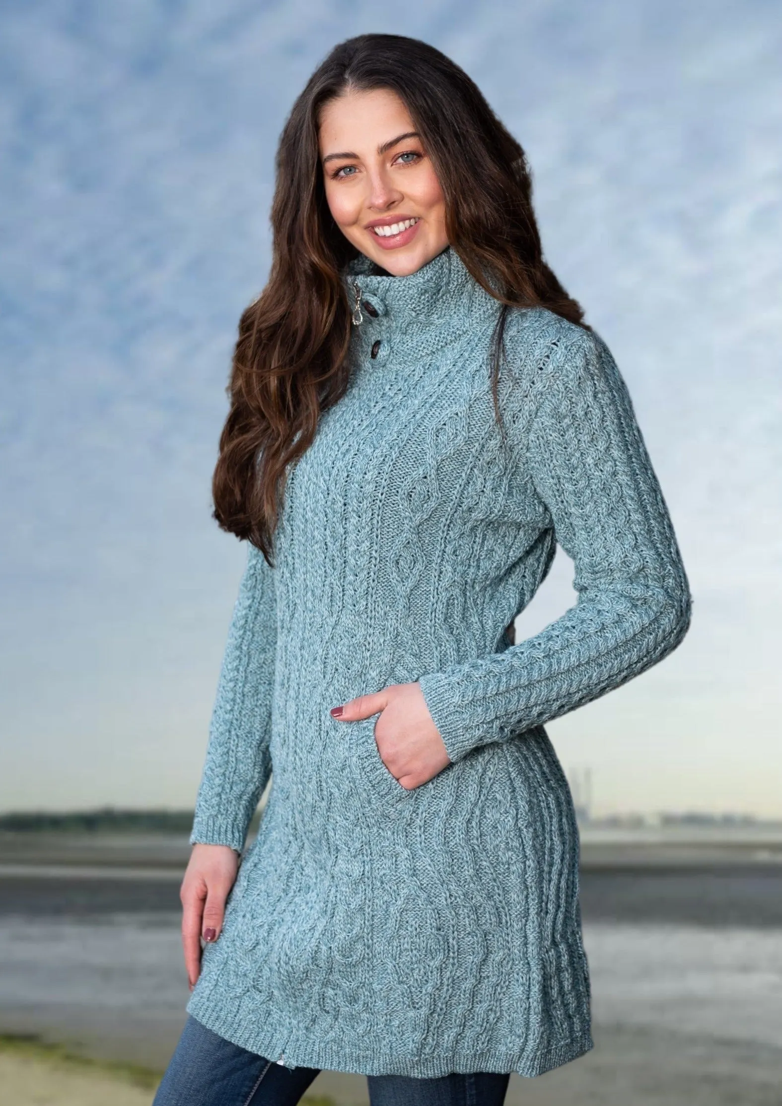 Aran Long Fitted Coat | Aqua