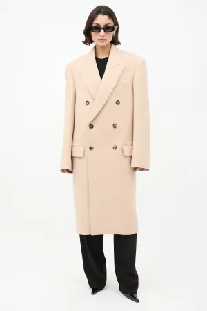 Beige Wool Double Breasted Long Coat