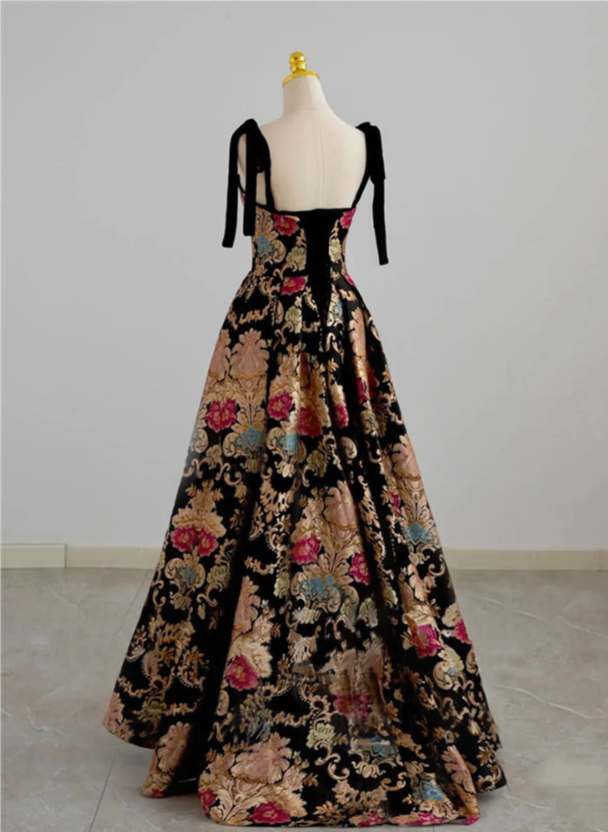 Black A-line Floral Satin Straps Long Party Dress, Black Satin Prom Dress