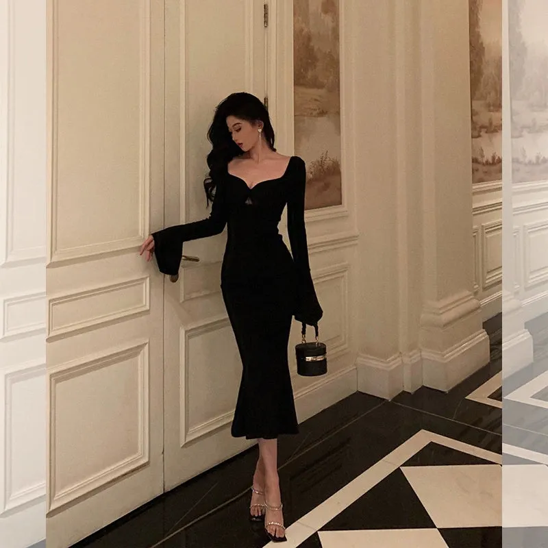 Black mermaid knitted dress women evening party dress    S5510