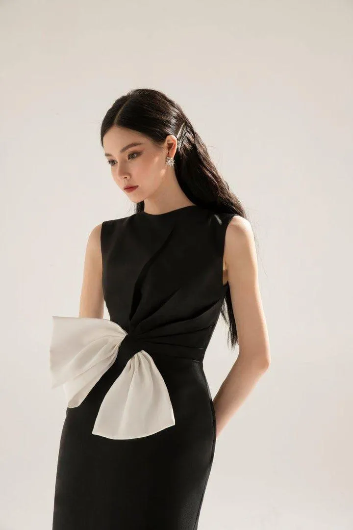 Black taffeta 3d texture bow dress-ELLE-DOVE