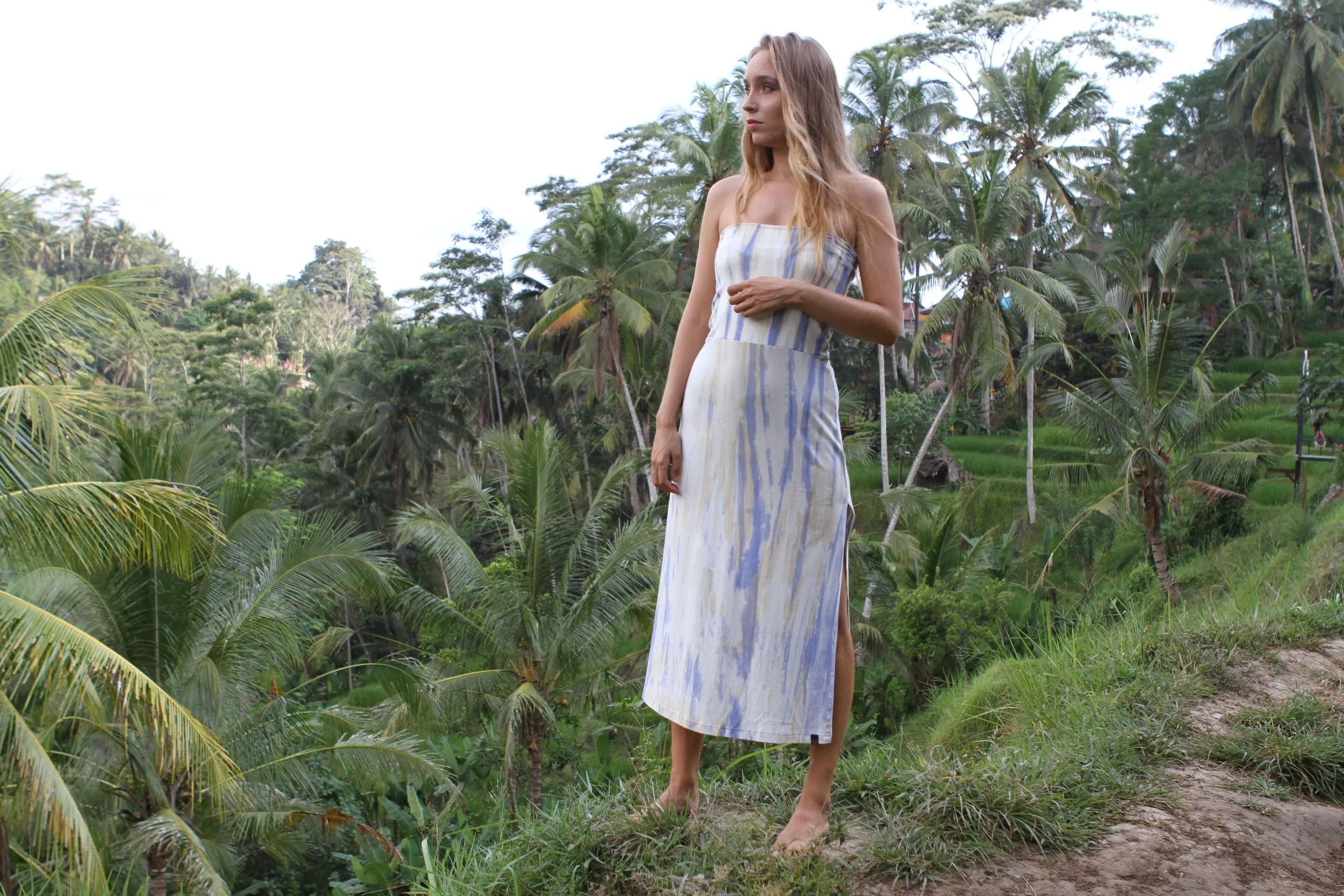 Blue and yellow tie dye organic bamboo long skirt