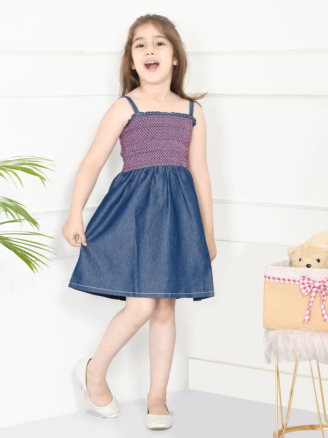 Blue Denim Smocking Fit And Flare Dress