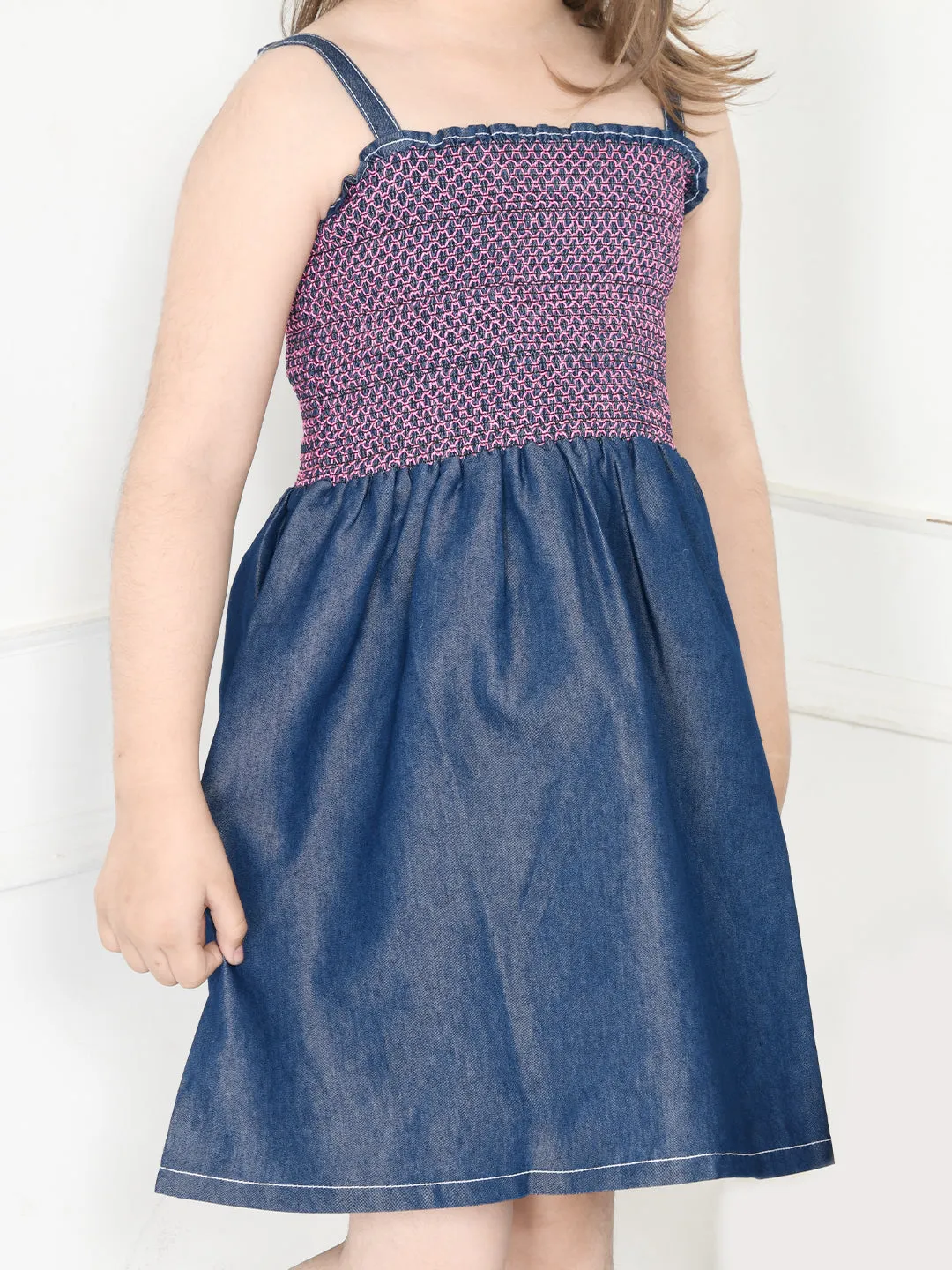 Blue Denim Smocking Fit And Flare Dress