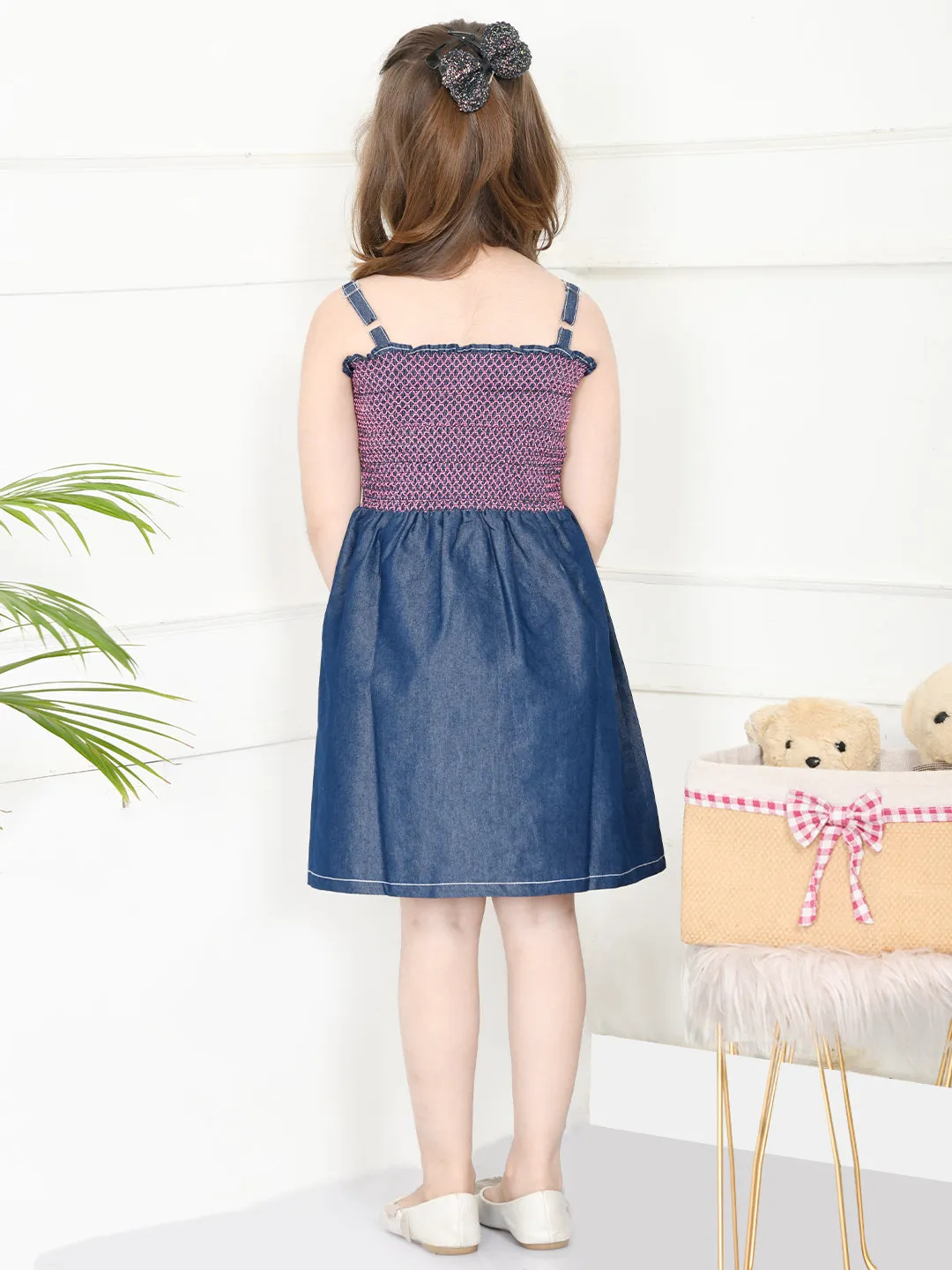 Blue Denim Smocking Fit And Flare Dress