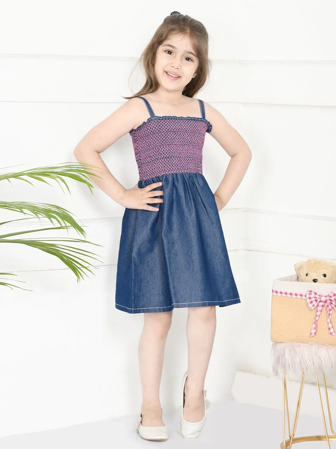 Blue Denim Smocking Fit And Flare Dress