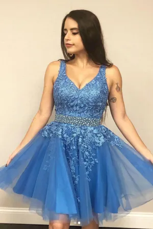 Blue v neck tulle lace short prom dress blue lace homecoming dress