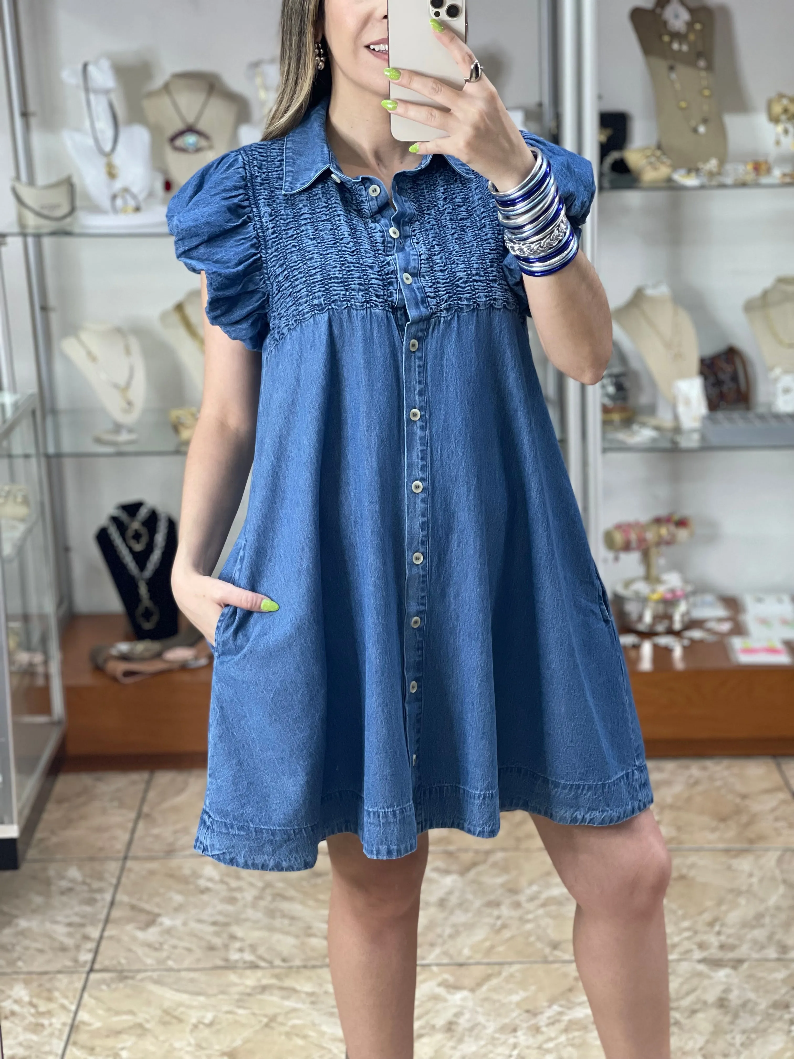 Button Down Ruffle Sleeve Denim Dress