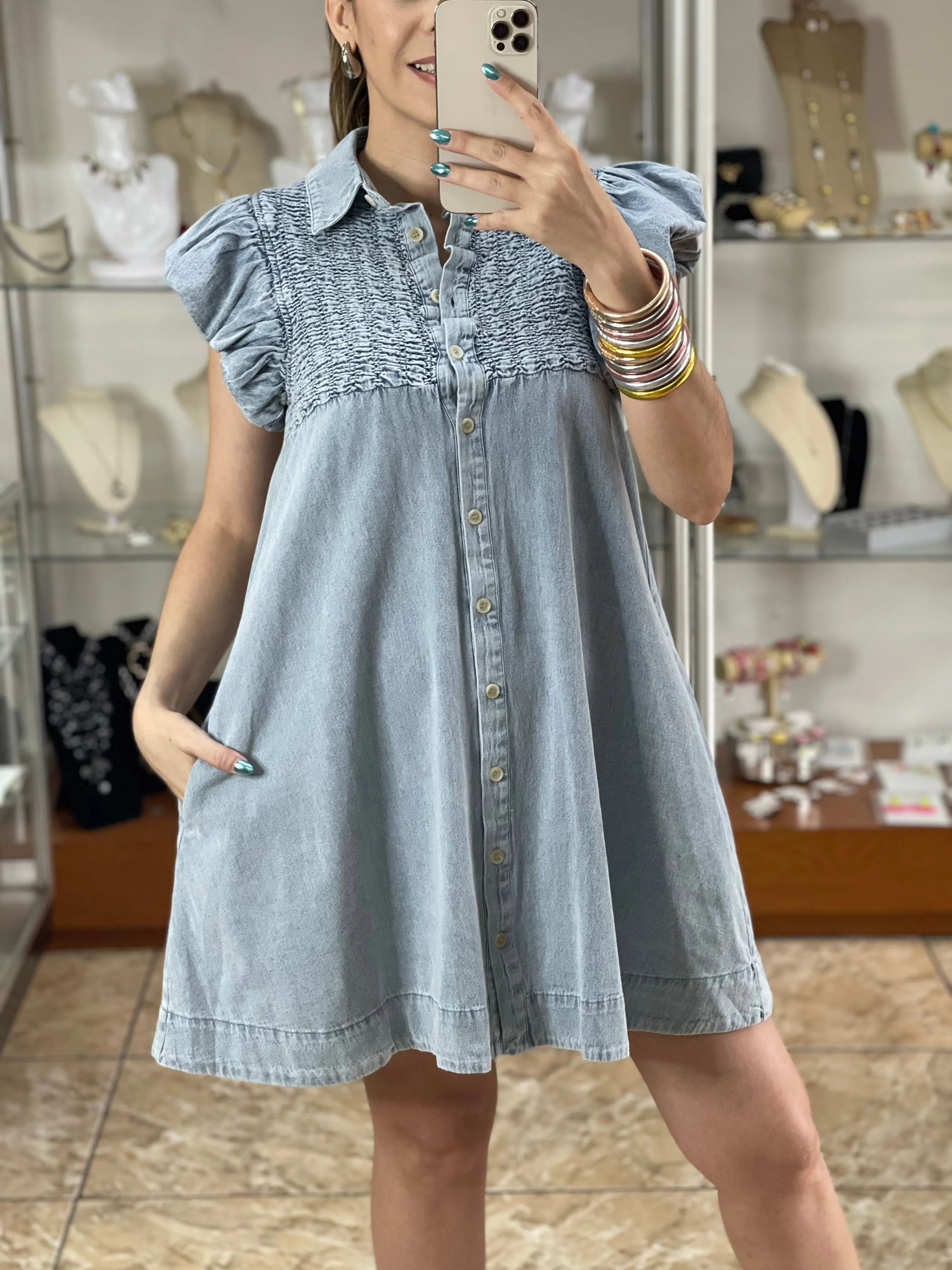 Button Down Ruffle Sleeve Denim Dress