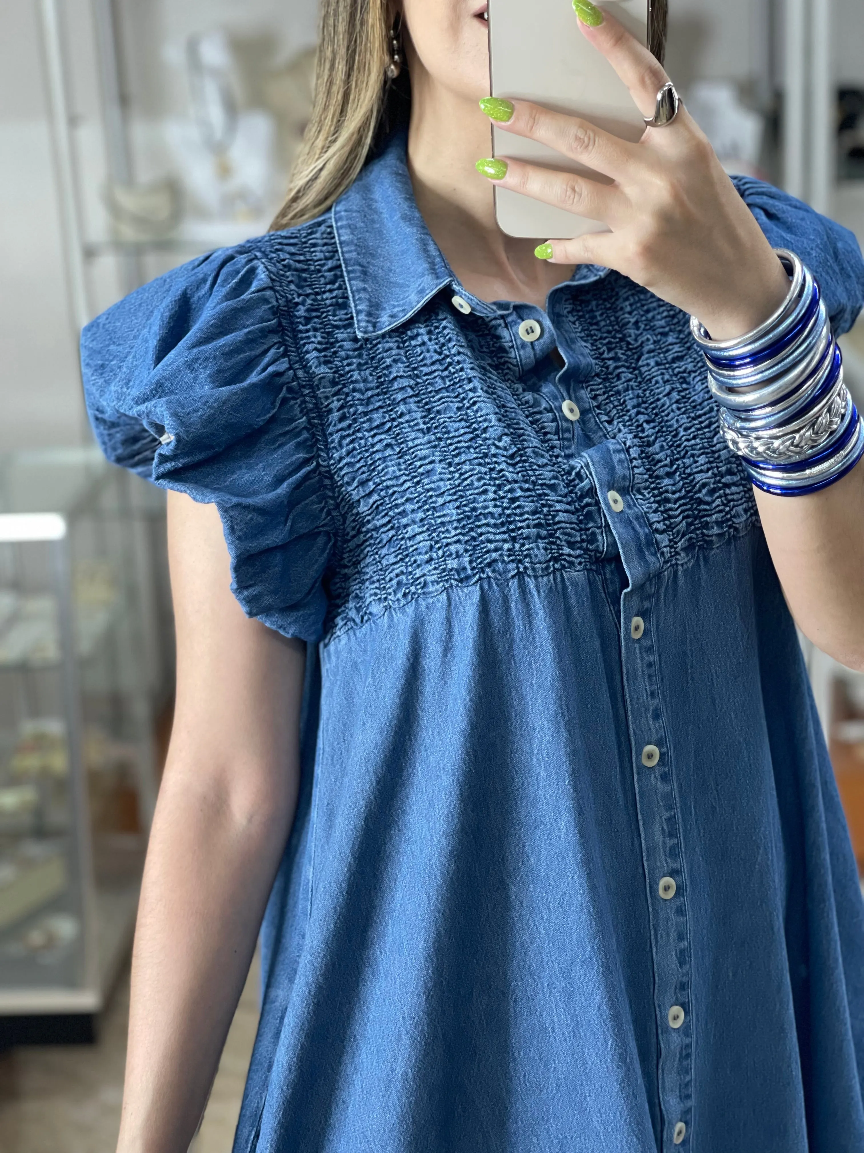 Button Down Ruffle Sleeve Denim Dress