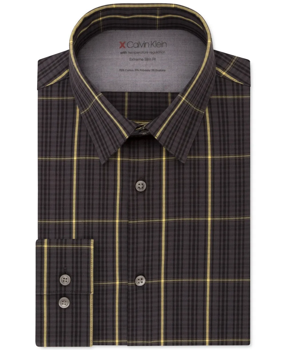 Calvin Klein Men's Gray Windowpane Plaid Collared Slim Fit Dress Shirt Yellow Size 17.5- 32/33