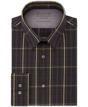 Calvin Klein Men's Windowpane Plaid Collared Slim Fit Dress Shirt Grey Size 16x34-35