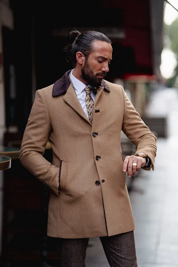 Camel Slim Fit Single Breasted Long Wool Coat by gentwith