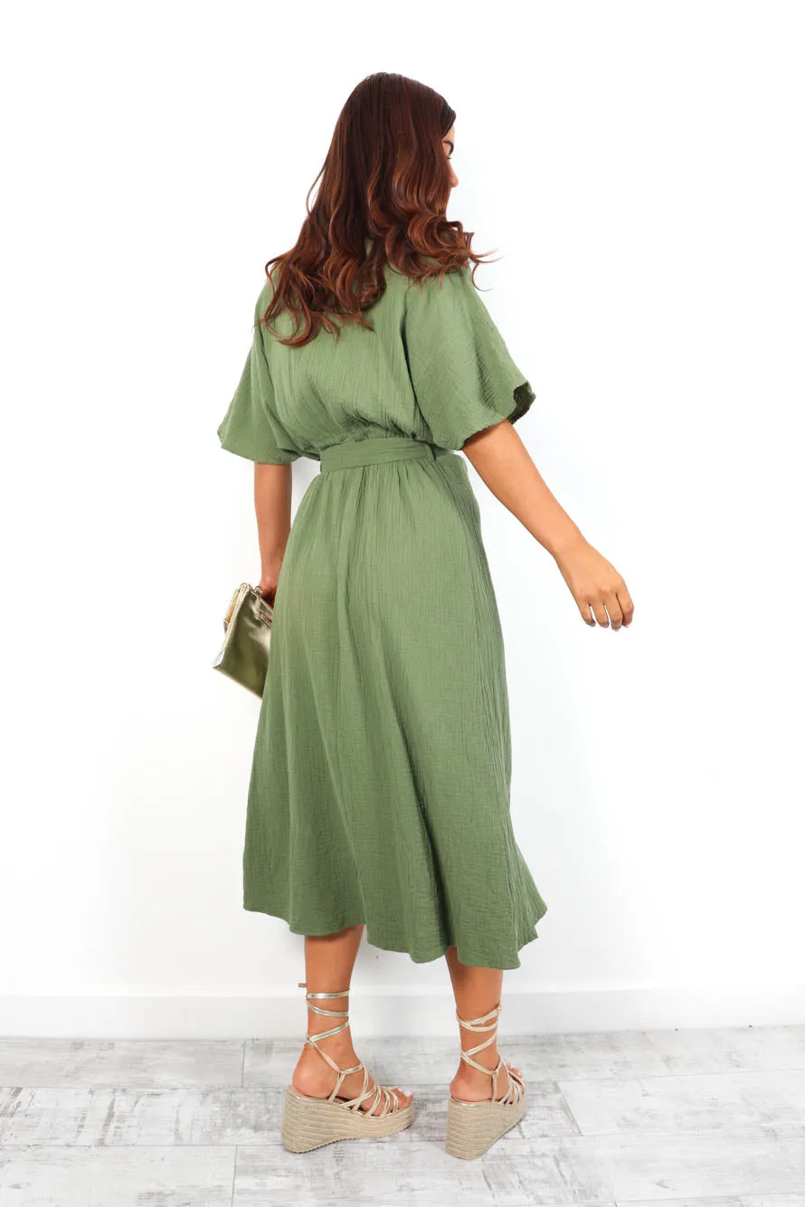 Cant Help Myself - Khaki Midi Shirt Belt Dress