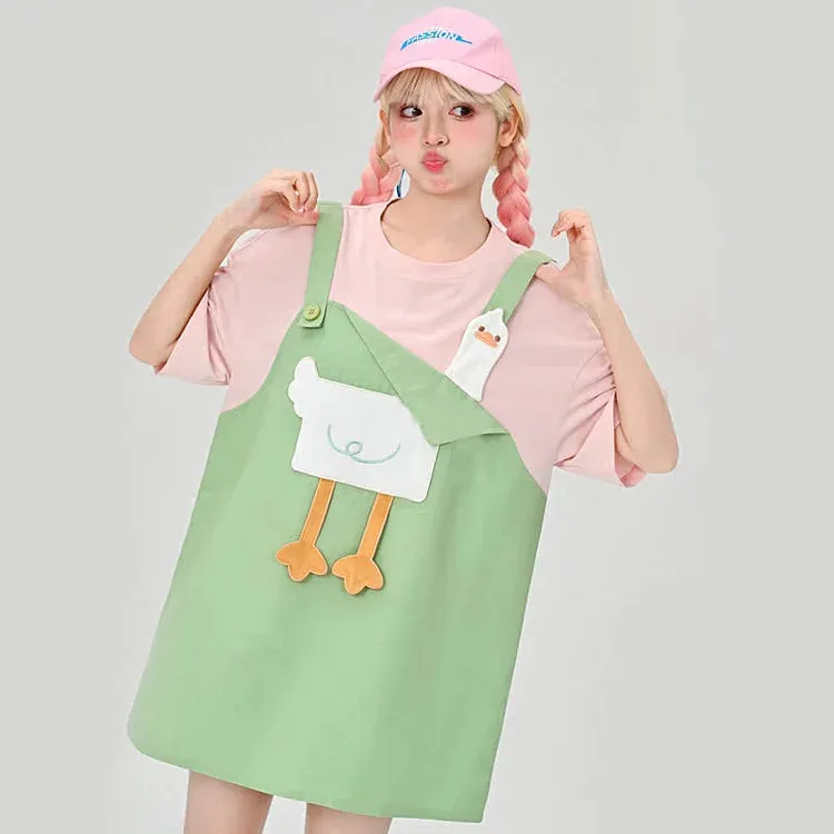 Cartoon Duck Embroidery Fake Two Piece Loose T-Shirt Dress