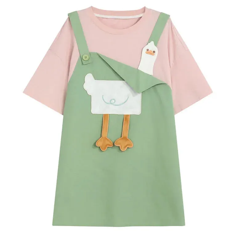 Cartoon Duck Embroidery Fake Two Piece Loose T-Shirt Dress