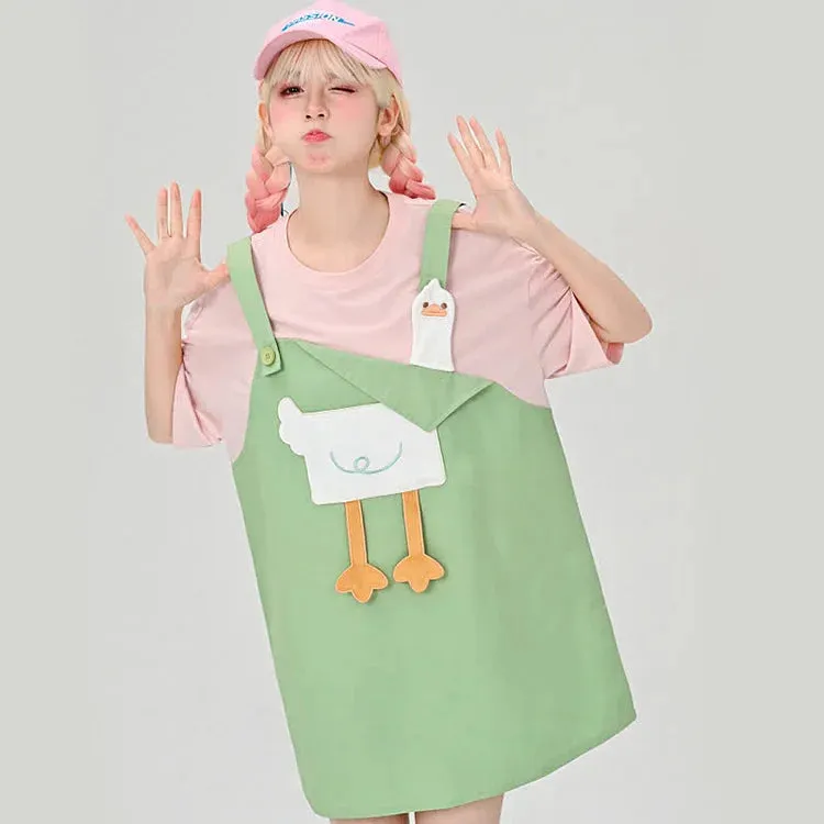 Cartoon Duck Embroidery Fake Two Piece Loose T-Shirt Dress