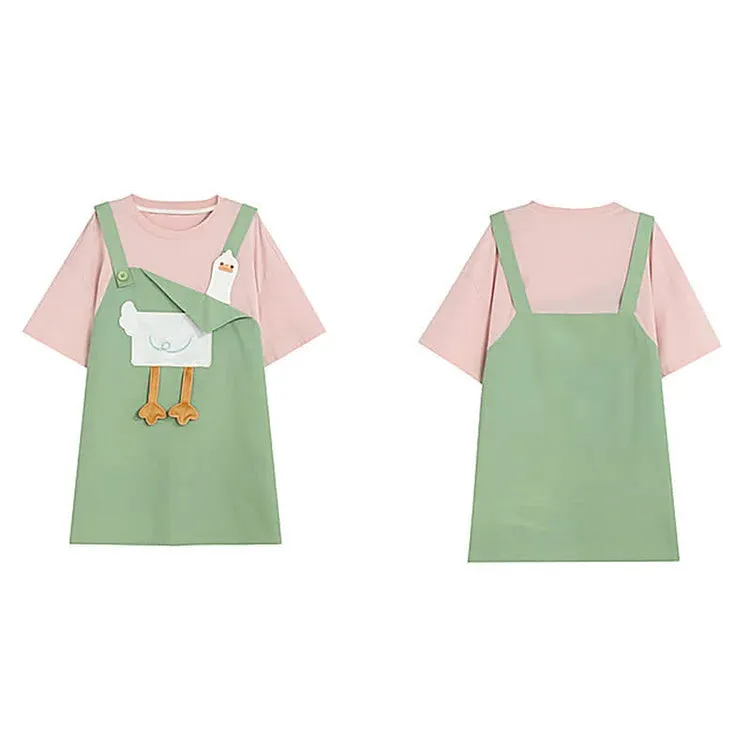 Cartoon Duck Embroidery Fake Two Piece Loose T-Shirt Dress