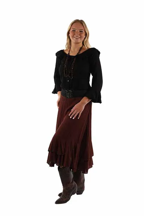 Chocolate Brown Maxi Skirt with Crocheted Band at Bourbon Cowgirl