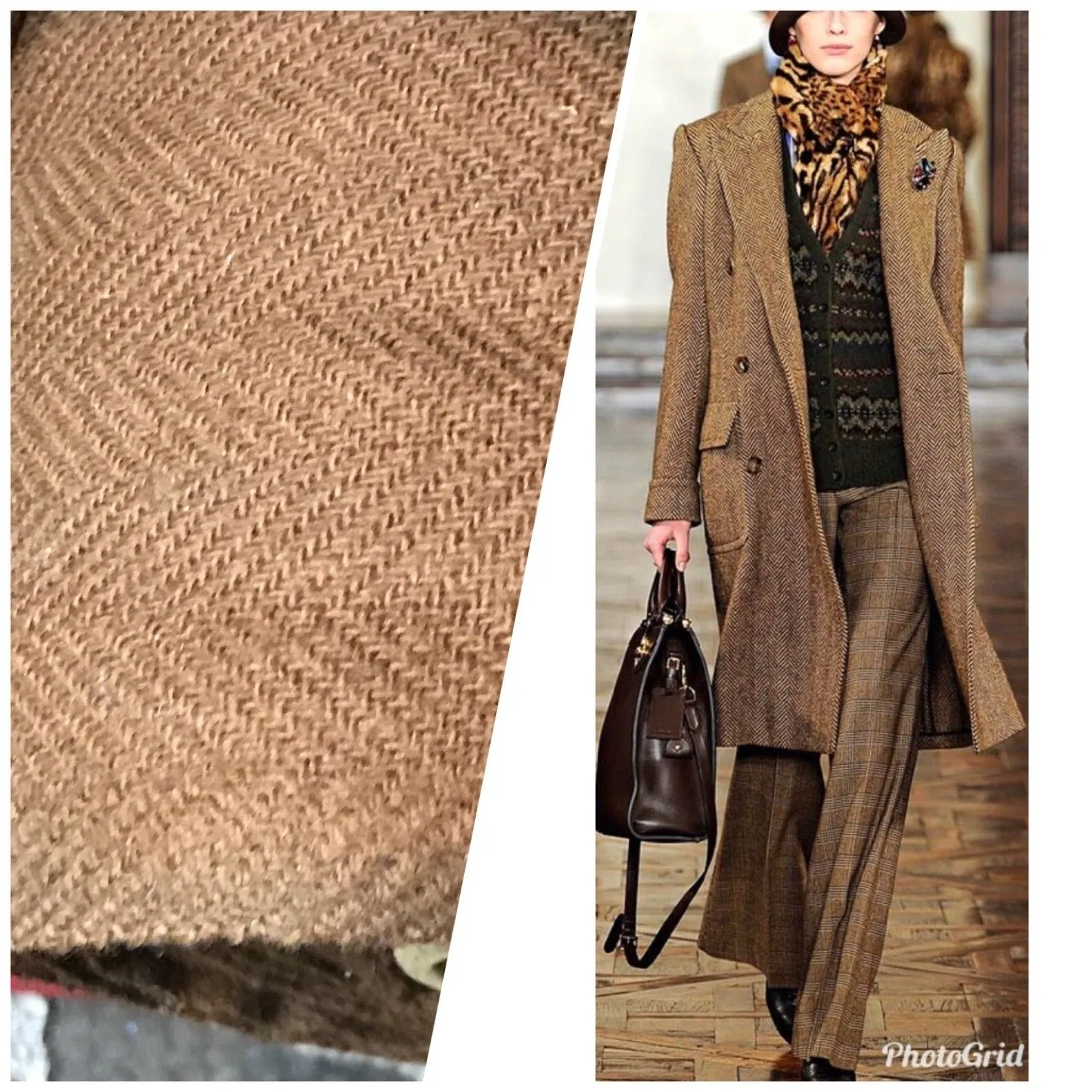 Close-Out Lady Ariella Designer Runway Imported Wool Fabric Camel Herringbone By the Yard