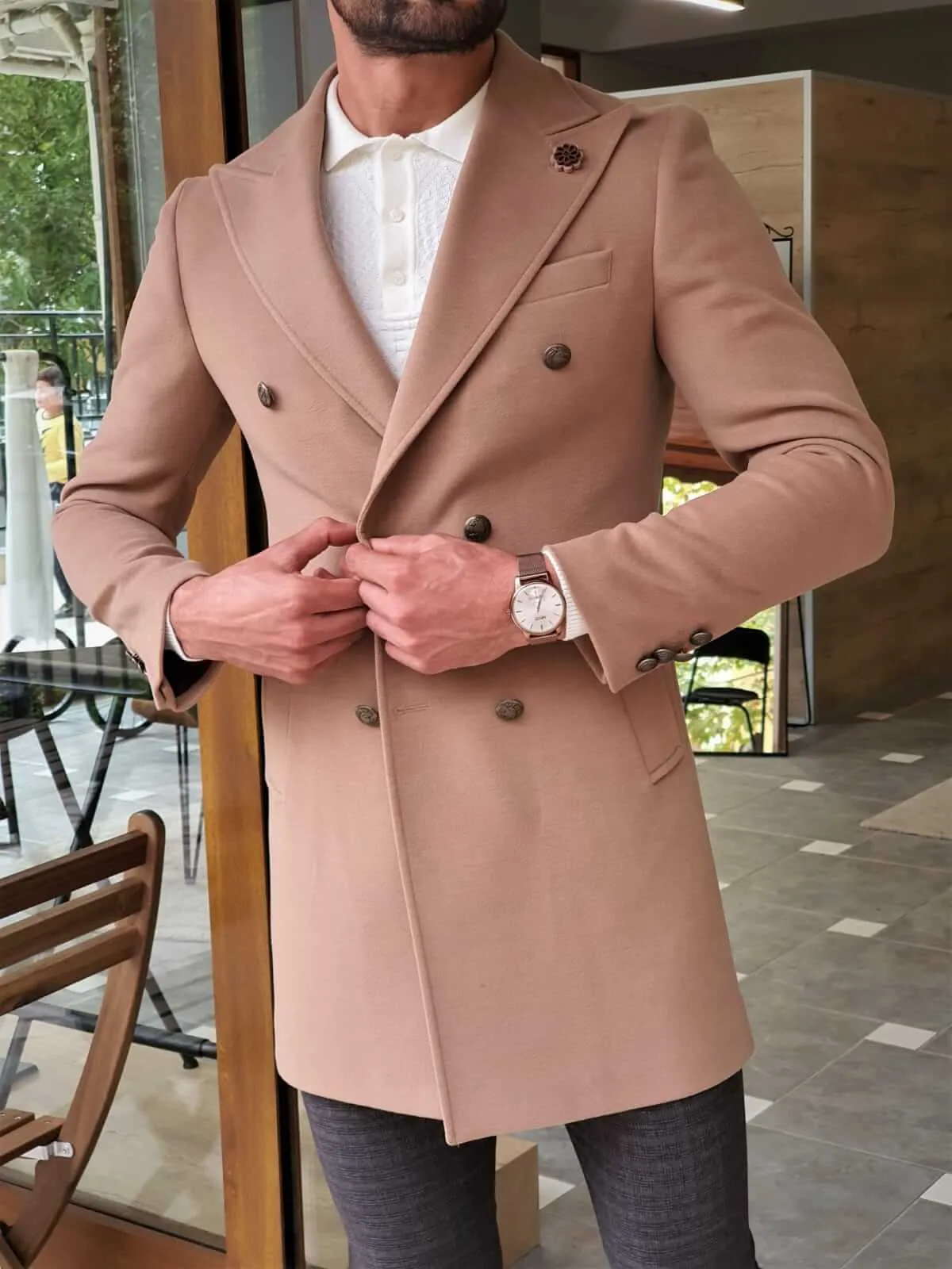 COLDEN DOUBLE BREASTED BEIGE WOOL COAT