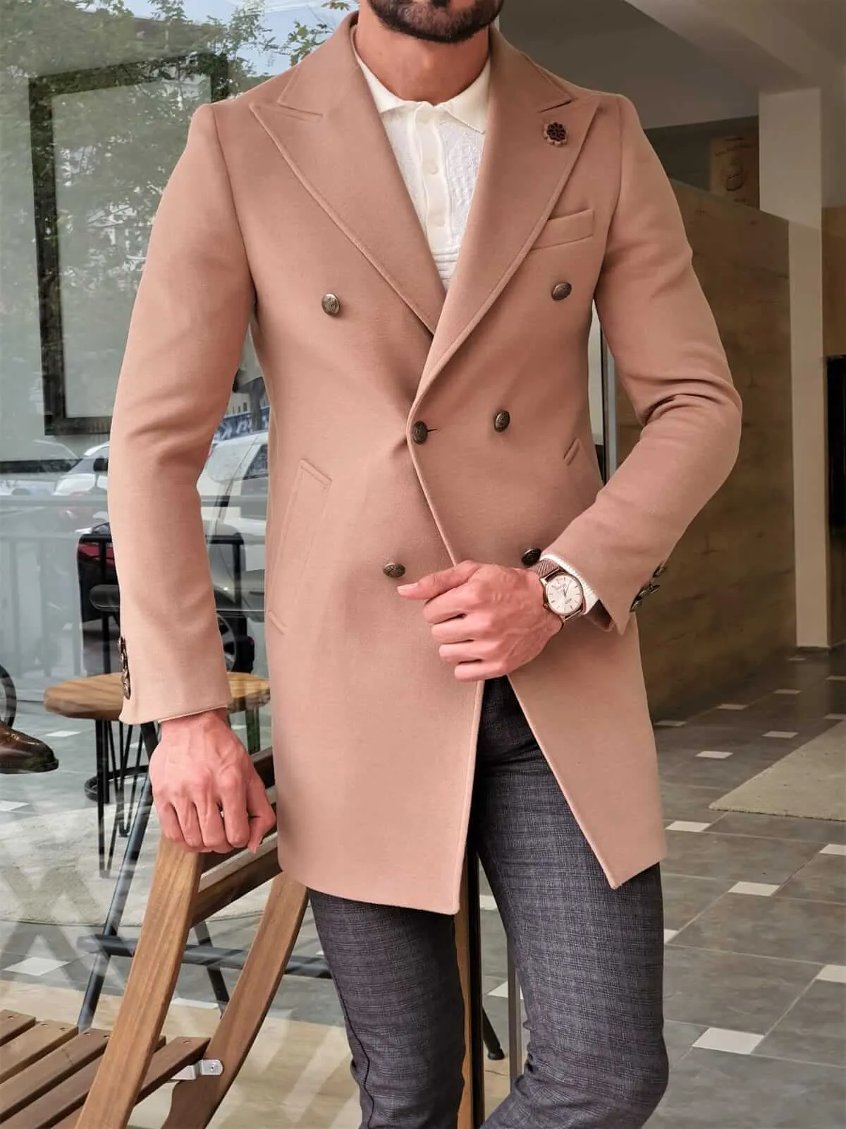 COLDEN DOUBLE BREASTED BEIGE WOOL COAT