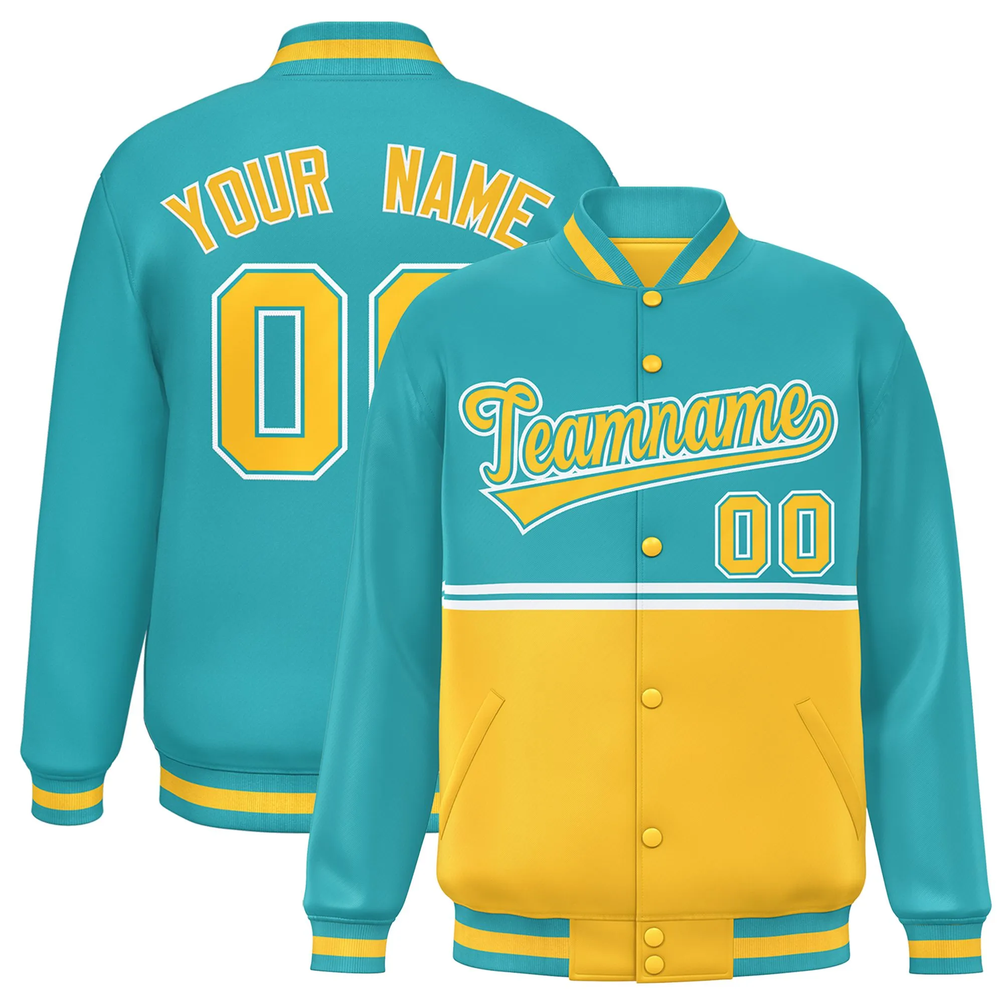 Custom Aqua Gold Varsity Full-Snap Color Block Letterman Jacket