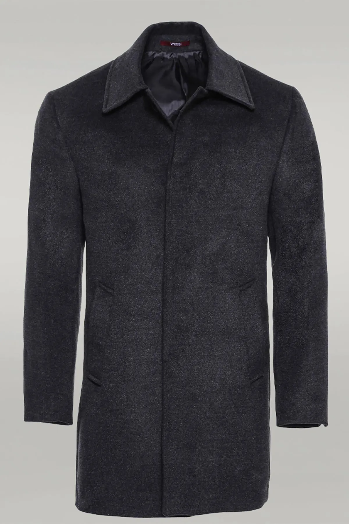 Dark Grey Hidden Button Peak Lapel Coat - Wessi