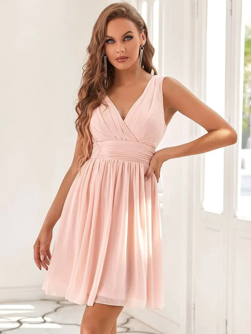 Double V-neck Chiffon Cocktail Pleated Dresses