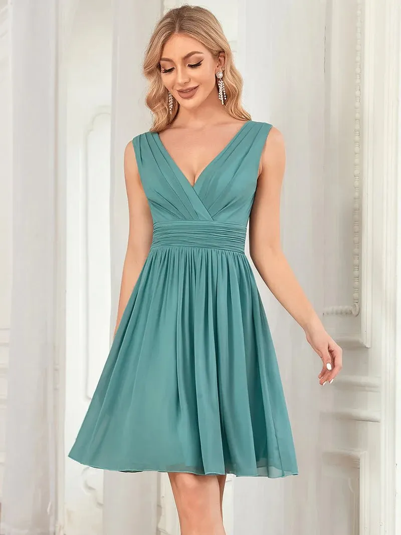 Double V-neck Chiffon Cocktail Pleated Dresses