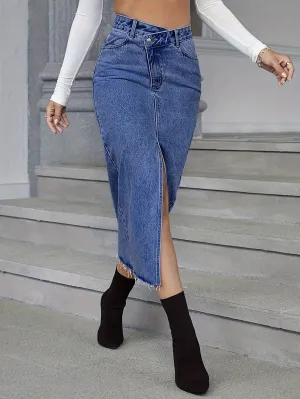 Elegant Asymmetrical Denim Skirt - Chic Bodycon, Solid & Non-Sheer, Easy-Care for Year-Round Style