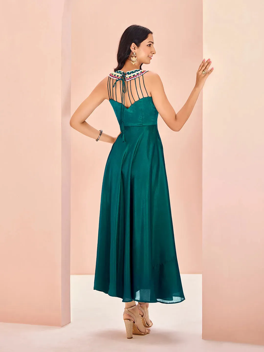 Elegant Designer Teal Green Chinon Hand Worked Gown Dress