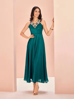 Elegant Designer Teal Green Chinon Hand Worked Gown Dress