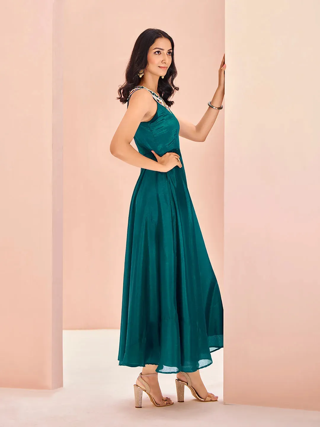 Elegant Designer Teal Green Chinon Hand Worked Gown Dress