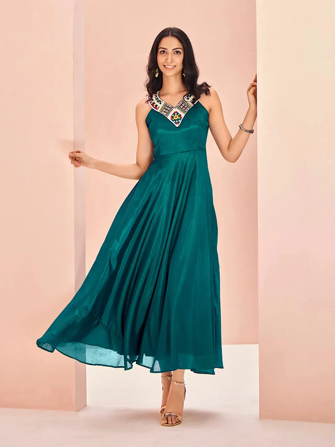 Elegant Designer Teal Green Chinon Hand Worked Gown Dress