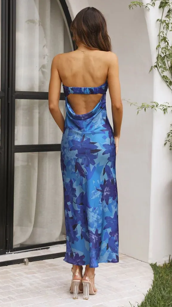 Elegant Satin Backless Bustier Printed Maxi Dress